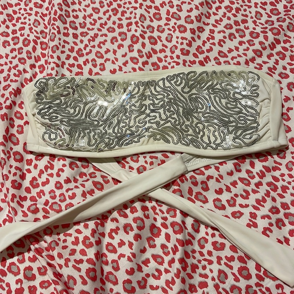 Xhilaration White & Silver Embroidered Strapless Bandeau Bikini Top Large